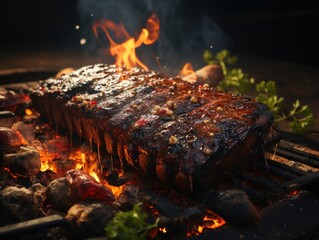 Naklejka premium An outdoor photograph of a tasty delightful cow ribs on spit ground fire, ready to be served
