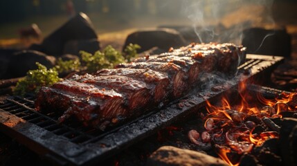 An outdoor photograph of a tasty delightful cow ribs on spit ground fire, ready to be served
