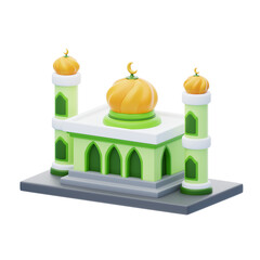 3D Model of a Mosque with Green Accents. Green-themed Mosque Model for a Refreshing Aesthetic.
3d illustration, 3d element, 3d rendering. 3d visualization isolated on a transparent background