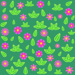 Fototapeta na wymiar Random seamless pattern. Flowers and Leavs on green background.