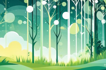 Forest background with trees and grass. Flat style cartoon. Generative AI.