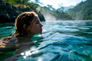 Young woman swimming in the clear waters of a remote mountain lake. concept of hiking and camping. Shallow field of view.
