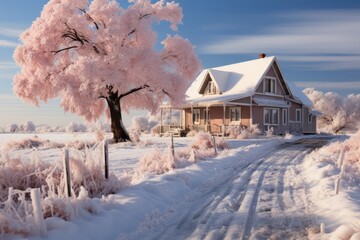 completely snowy rural house
