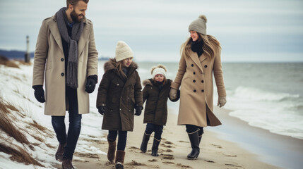Generative AI image of Young Caucasian family spending time and walking on the beach in the winter - obrazy, fototapety, plakaty