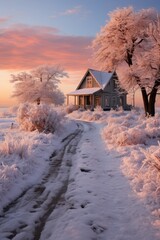Obraz premium completely snowy rural house 