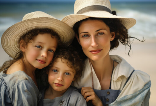 Generative AI image of mom and her three children in the beach