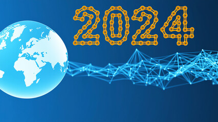 Map of the planet. World map. Global social network with 2024 Happy New Year made by golden bicycle chain links