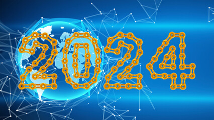 Map of the planet. World map. Global social network with 2024 Happy New Year made by golden bicycle chain links