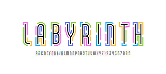 Maze font from gap line, alphabet with bright labyrinth, multi-colored lines cut letters and numbers, vector illustrator 10 eps