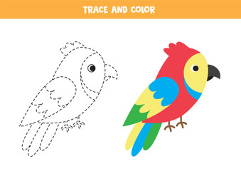 Trace and color cute cartoon colorful parrot. Worksheet for children.