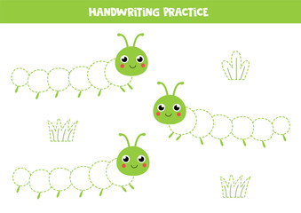 Tracing lines for kids. Cute cartoon caterpillars. Handwriting practice.