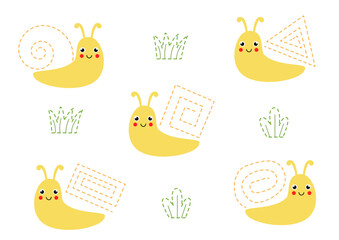 Tracing lines for kids. Cute cartoon snails. Handwriting practice.