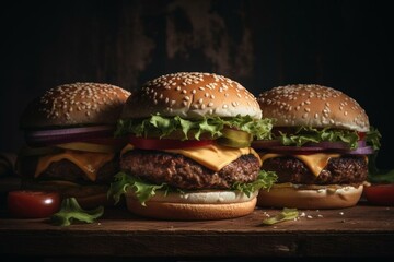 Three large hamburgers. Generative AI
