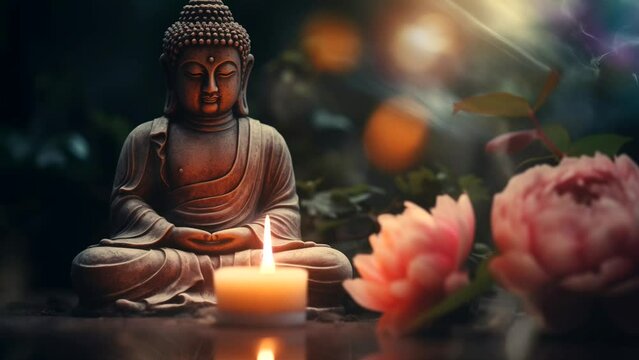 Flame and background abiation. Buddha figurine. Generative AI. Loop video.