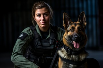 German shepherd dog with police officer in the background. Selective focus.