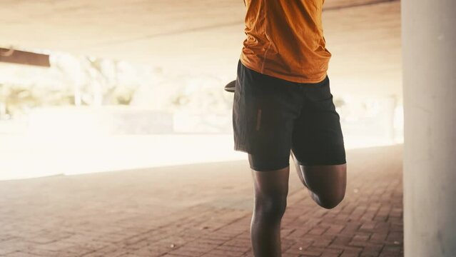 Person, stretching legs for fitness and exercise outdoor, runner or athlete start training for health and wellness. Strong muscle, warm up and ready for workout with cardio, sports and challenge