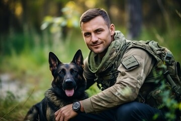 Handsome young man in military uniform with german shepherd dog