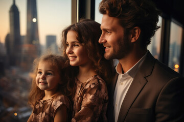 Happy young family on background of panoramic window of skyscraper