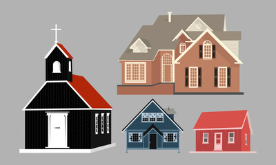 Houses in the city. Building, real estate, cottage, villa. Architecture Vector illustrations. 3d modern houses. Cartoon and suburban houses set.