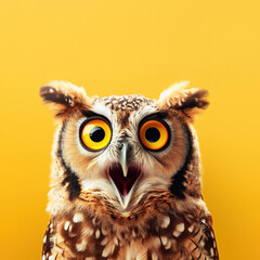 Owl looking surprised, reacting amazed, impressed, standing over yellow background