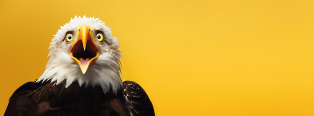 Bald eagle looking surprised, reacting amazed, impressed, standing over yellow background - obrazy, fototapety, plakaty