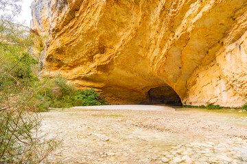 Cave on the path of the Vero river walkways in Alquezar. Huesca Pyrenees