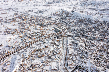 Pigeon Valley and Cave town in Göreme in winter, Fairy chimneys, Cappadocia, Turkey.