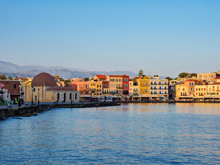 Old Town Waterfront at sunrise, City of Chania, Crete, Greece