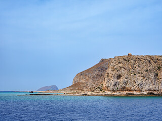 View towards the Venetian Fort Ruins, Imeri Gramvousa, Chania Region, Crete, Greece - obrazy, fototapety, plakaty