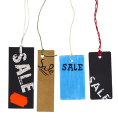 hang tags with caption sale and space for prices, price tags for products to show price or discount,shopping concept, free copy space, isoaletd on white background