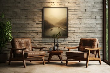 Contemporary lounge with a pair of wooden armchairs. Generative AI