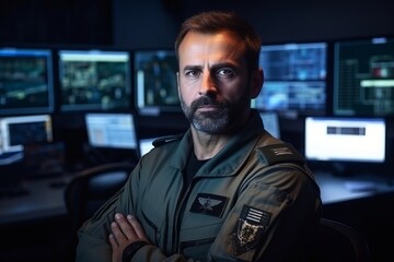 Portrait of security guard with arms crossed looking at camera in surveillance room