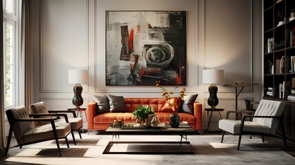 Classic-contemporary gallery-inspired living room with curated wall art and sculptures - obrazy, fototapety, plakaty