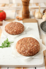 Raw Meat Burger Bun on Wooden Table
