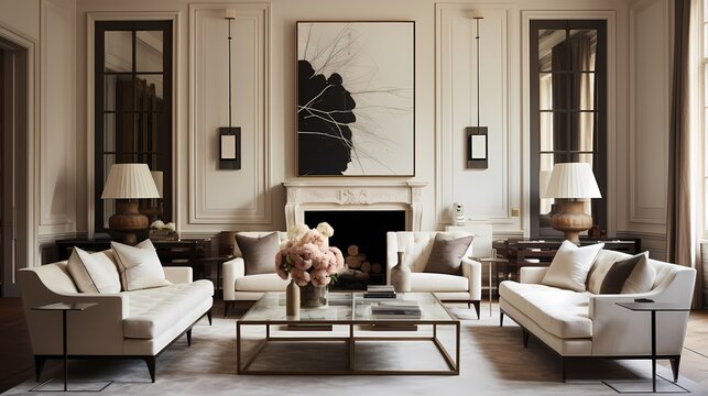 Classic-contemporary living room featuring a mix of plush and structured furniture, with a focus on symmetry