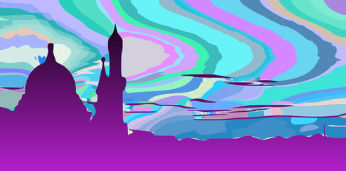 mosque silhouette design with a beautiful colorful abstract background