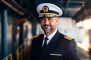 Portrait of a handsome pilot in uniform standing in a train station - Powered by Adobe