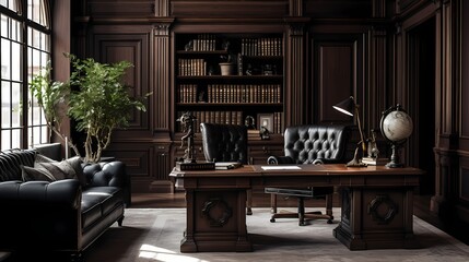 Classic-inspired home office with dark wood paneling, a stately desk, and vintage-inspired decor