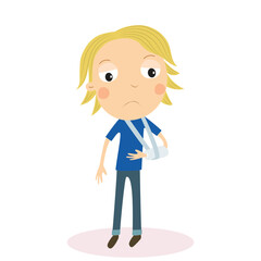 Blonde boy with broken arm in plaster. Vector Illustration.