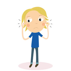 Blonde boy with ear pain. Vector Illustration.