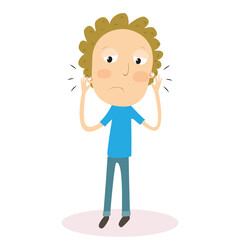 Curly hair boy with ear pain. Vector Illustration.