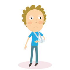 Boy with broken arm in plaster. Vector Illustration.