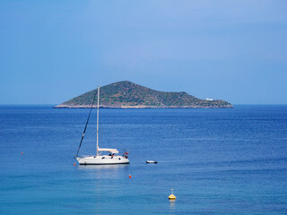 Sailboat at the Vromolithos Beach Bay, Leros Island, Dodecanese, Greece