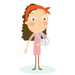 Girl with broken arm in plaster. vector Illustration.