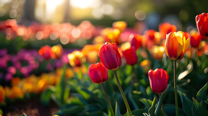 colorful tulip field with selective focus - obrazy, fototapety, plakaty