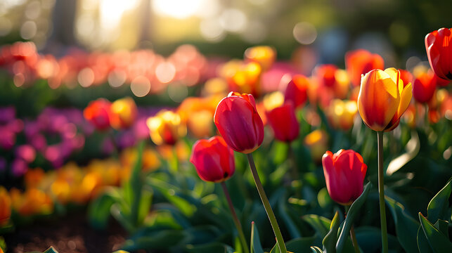 colorful tulip field with selective focus