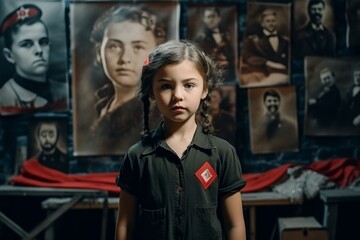 Cute little girl in military uniform with portraits of soldiers in the background