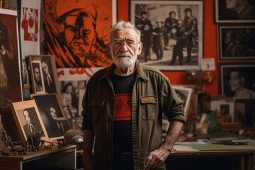 Fototapeta na wymiar Portrait of an old craftsman with a beard in his workshop
