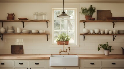 Fototapeta na wymiar Classic-inspired kitchen with a farmhouse sink, vintage pendant lights, and rustic open shelving