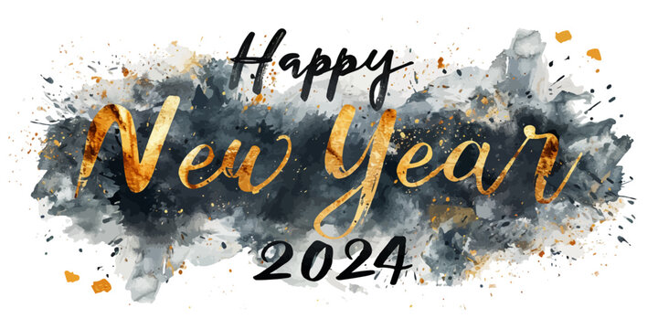 Happy New Year 2024 with calligraphic and brush painted with sparkles and glitter text effect. Vector watercolor illustration for new year's eve and chinese new year resolutions and happy wishes	
